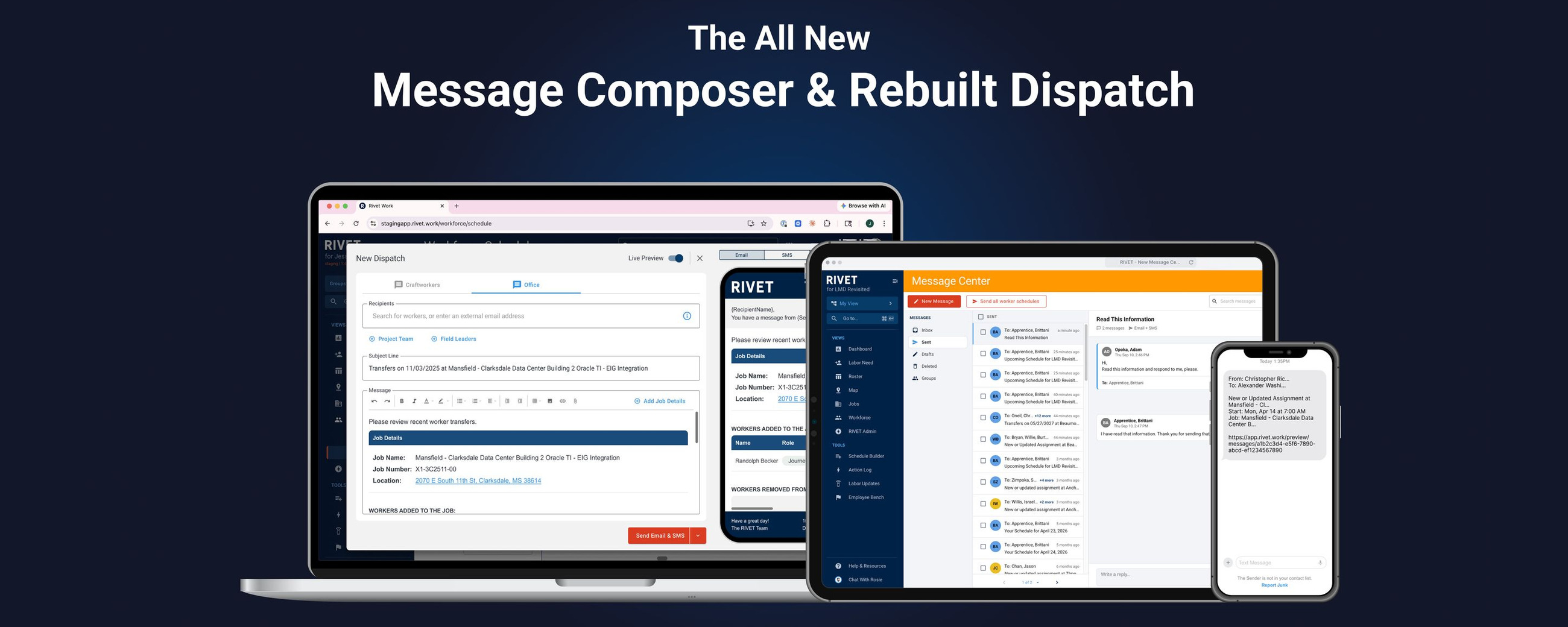 RIVET new message composer with live preview and rebuilt dispatch