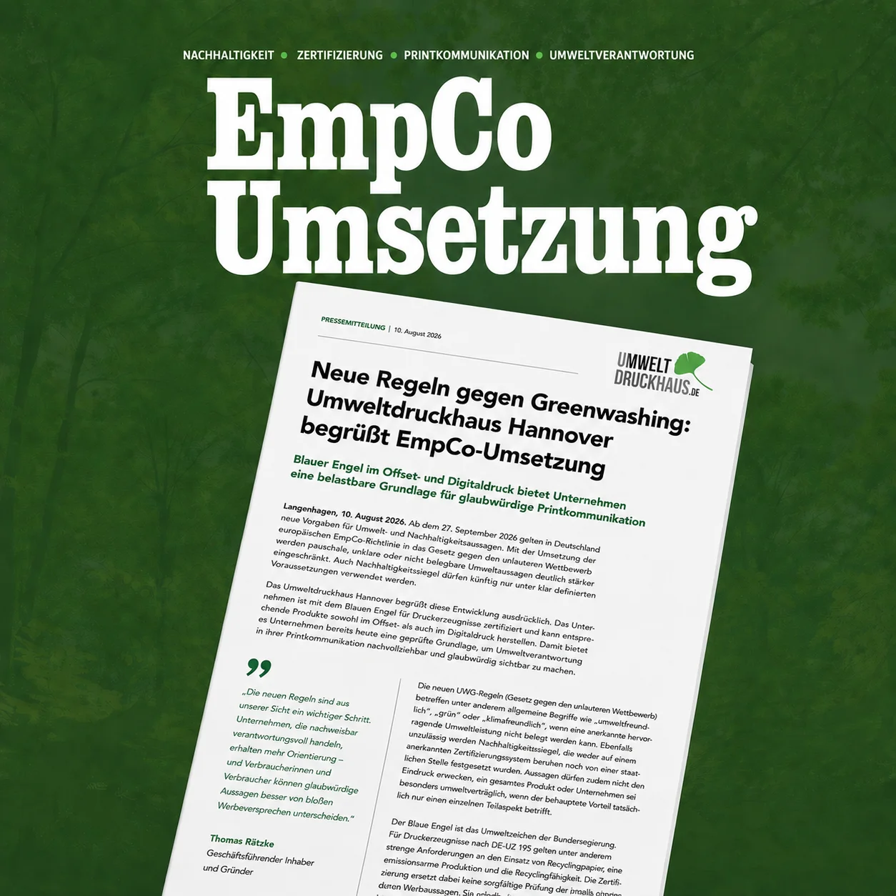 Titelgrafik der Pressemitteilung zur EmpCo-Umsetzung: erste Seite der Pressemitteilung vor einem grünen Waldhintergrund