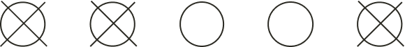 Row of five circles, three crossed out and two uncrossed, evenly spaced on a black background.