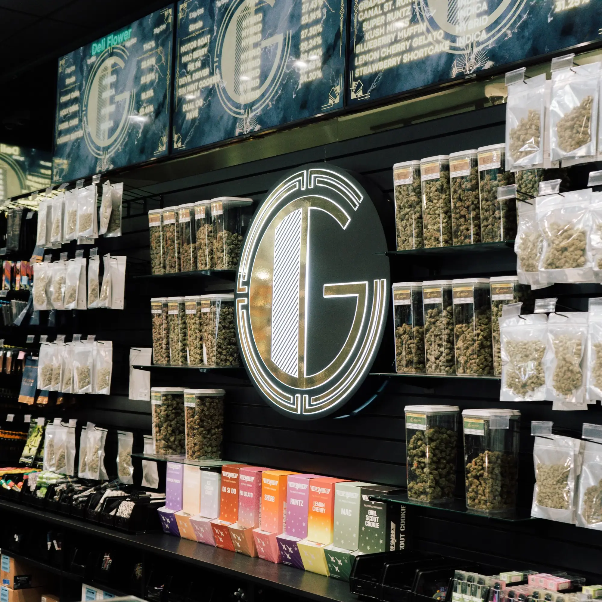 A wall of high-quality cannabis flower in Gatsby Cannabis Dispensary