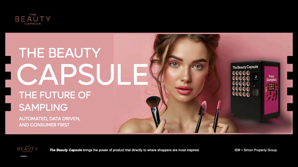 Advertisement for The Beauty Capsule, featuring a woman holding makeup brushes and a vending machine labeled 'The Beauty Capsule' offering free samples.