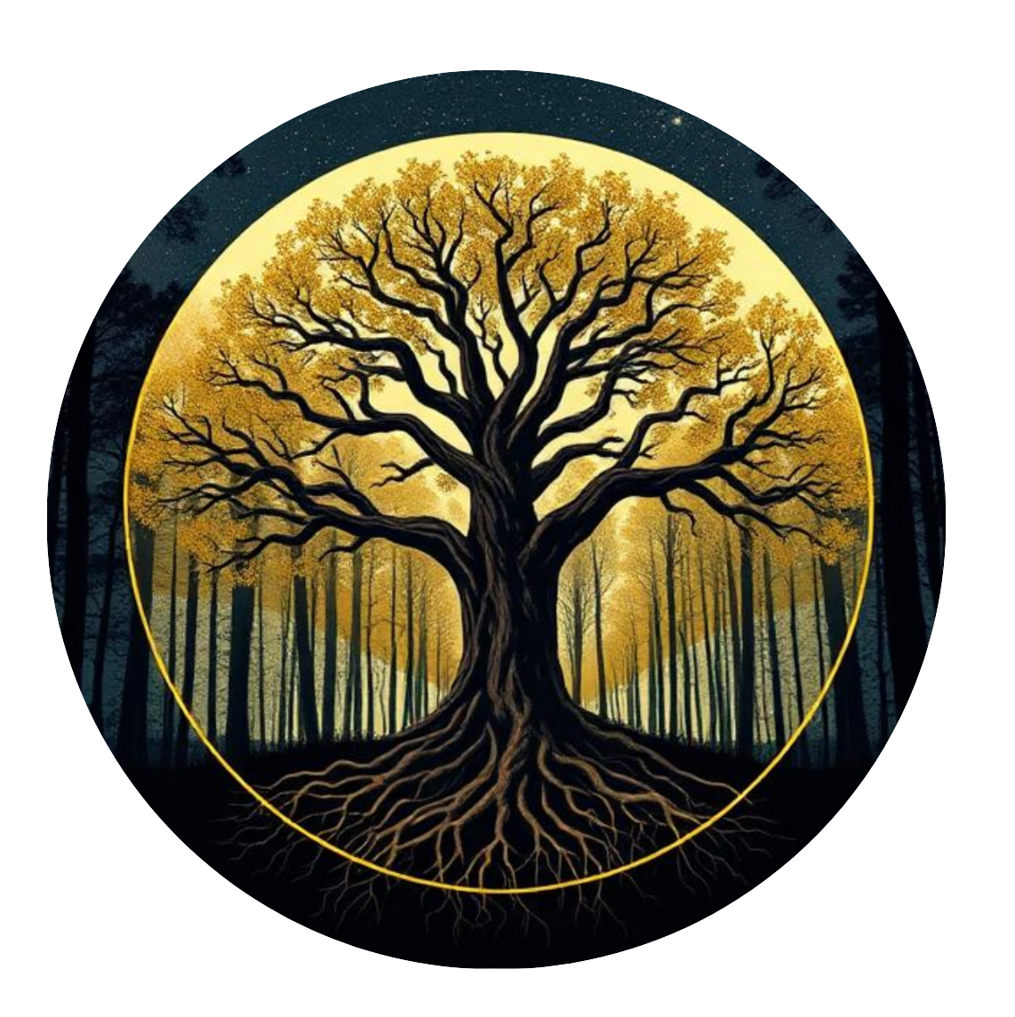 A circular image of a tree with golden leaves and roots