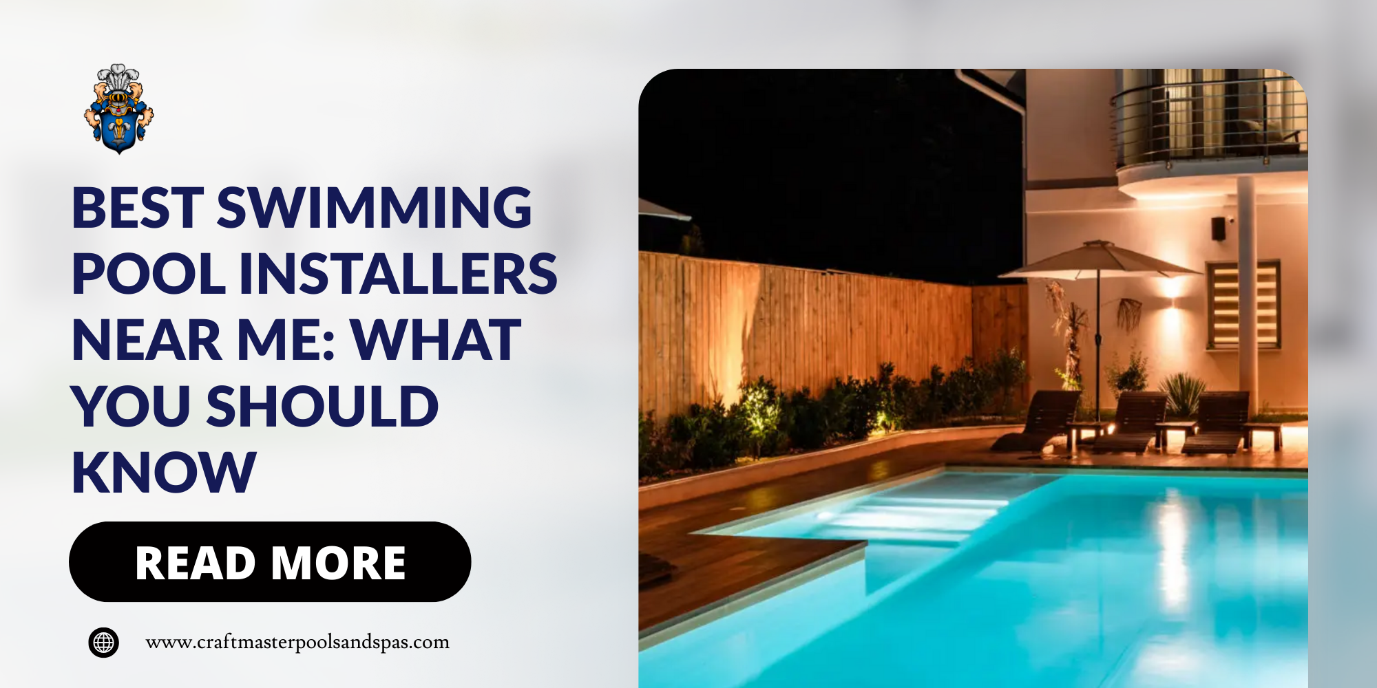 Modern backyard swimming pool with lights at night promoting Craft Master Pools and Spas article on best swimming pool installers near me.