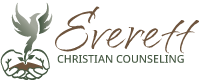 Logo with stylized bird rising from soil held by two hands, next to cursive text 'Everett Christian Counseling'.