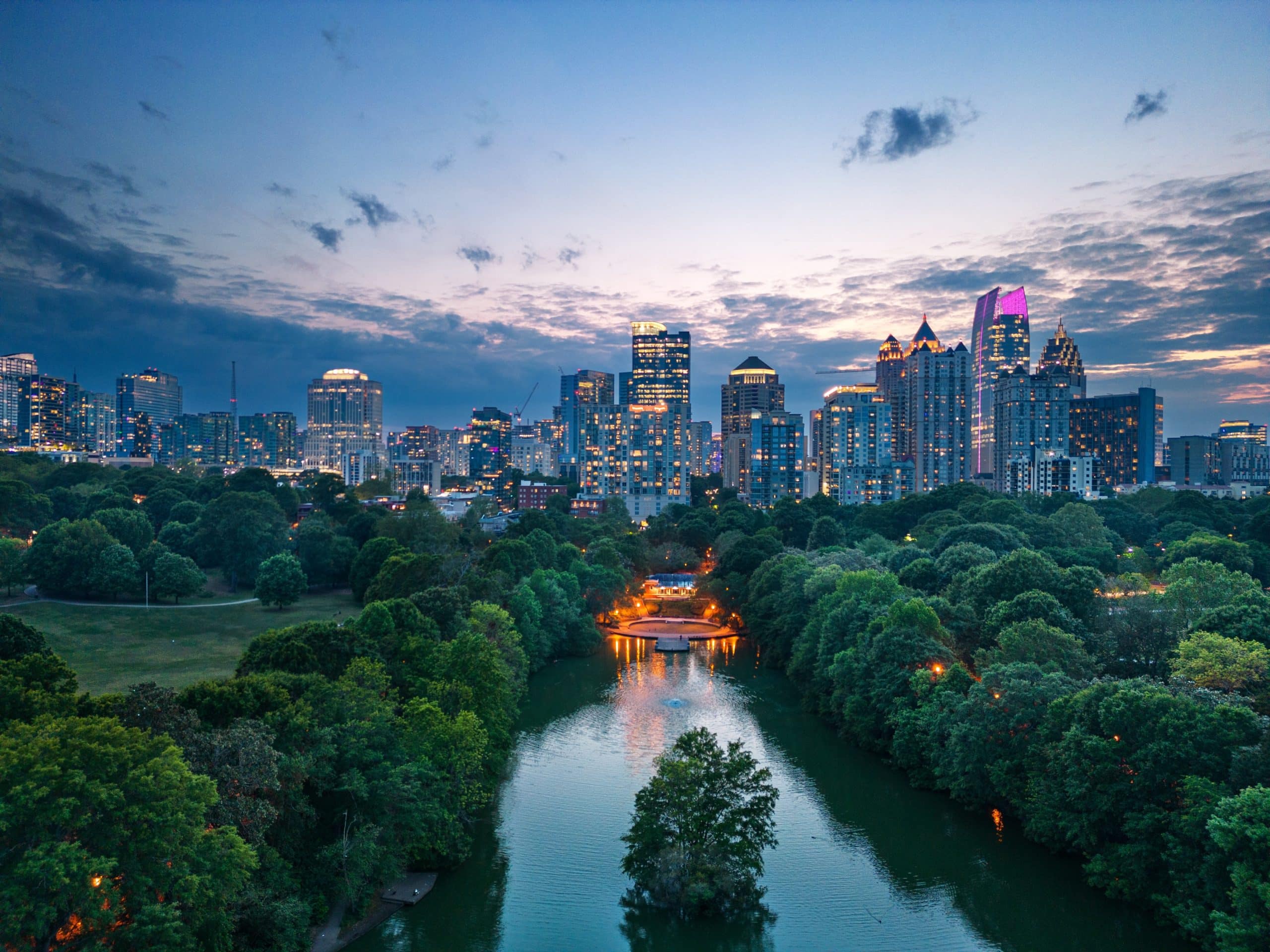 Midtown Atlanta at dusk over Piedmont Park
