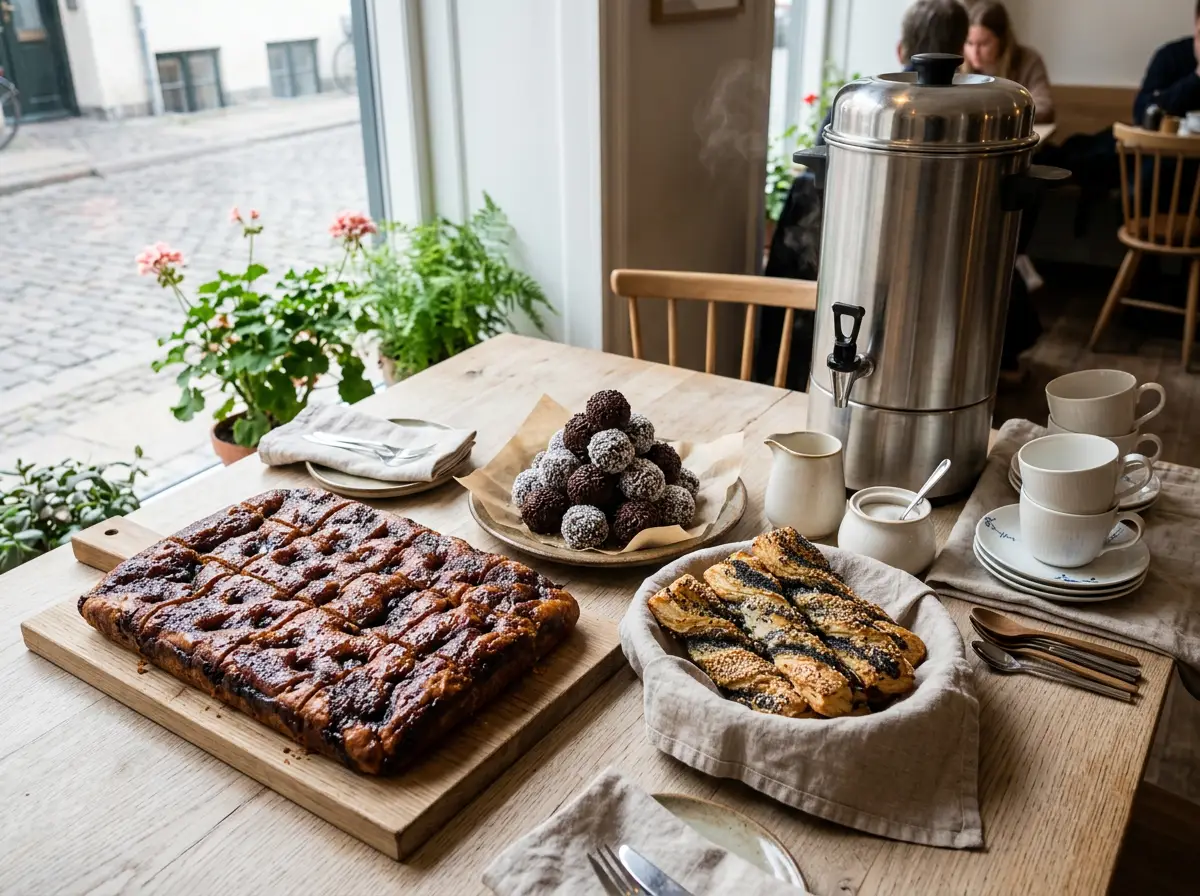 A long table set for a crowd — brunsviger, romkugler, tebirkes and a coffee urn