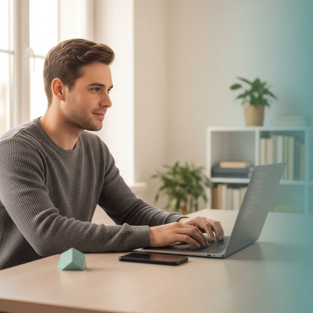 Portrait of a developer working at a laptop, natural light, RDLabs