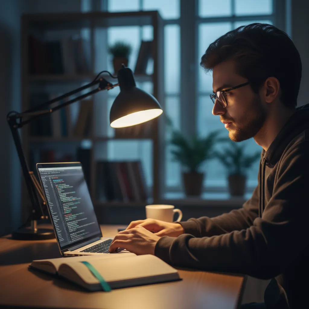 Student coding on a laptop in a study area