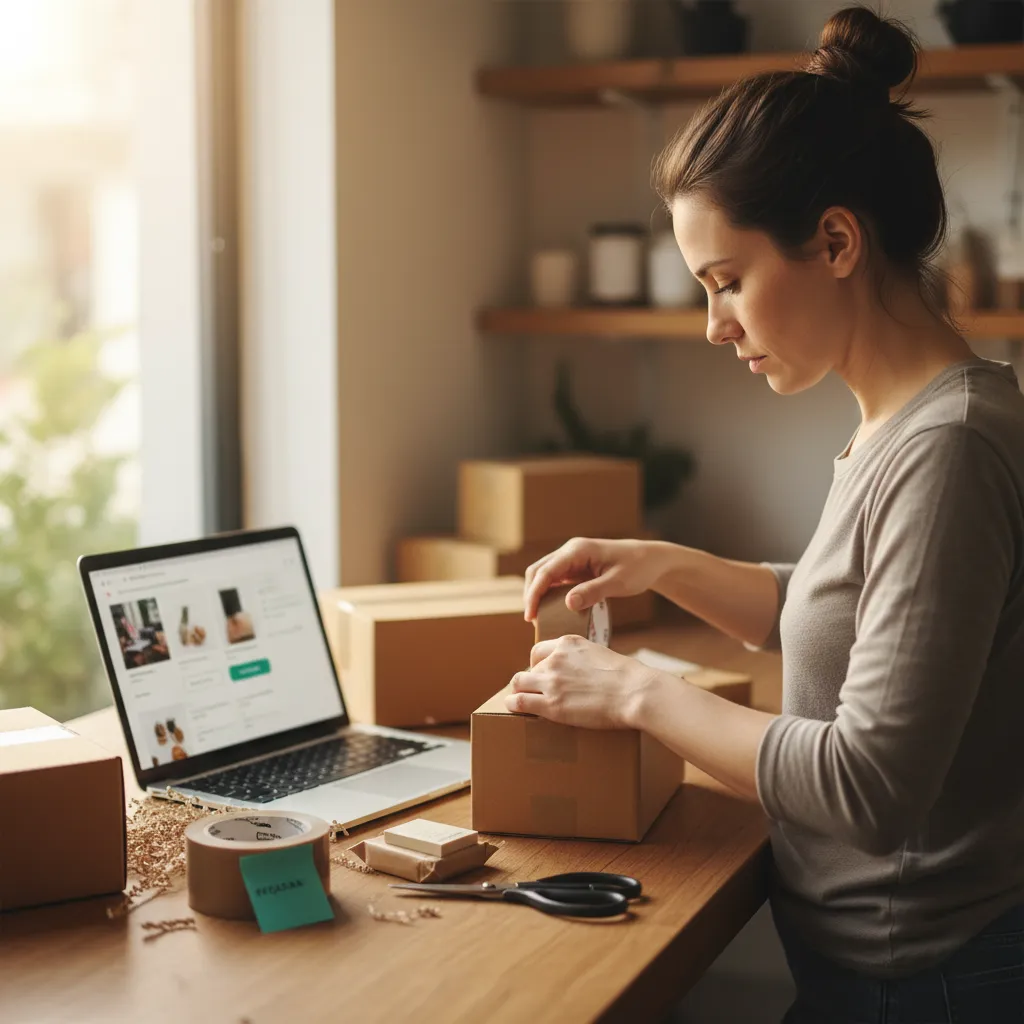 Small shop owner packaging a product next to a laptop showing a simple ecommerce page