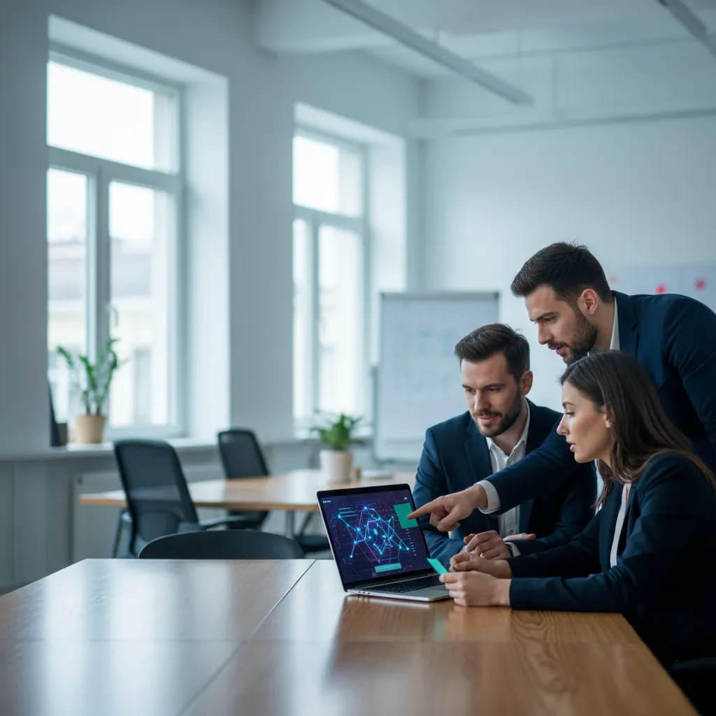 Small startup team discussing product design with a blockchain abstract screen