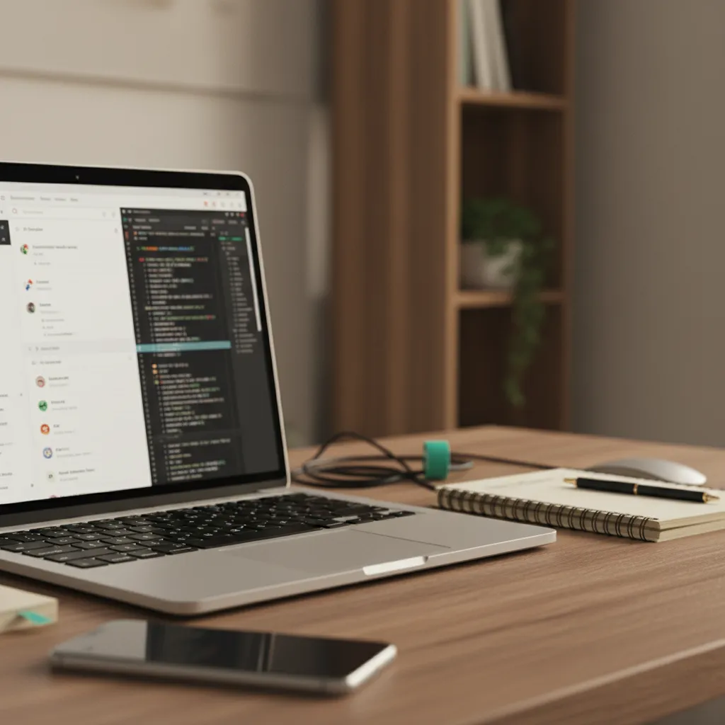 Laptop with GitHub-like interface blurred, code snippets and notes nearby