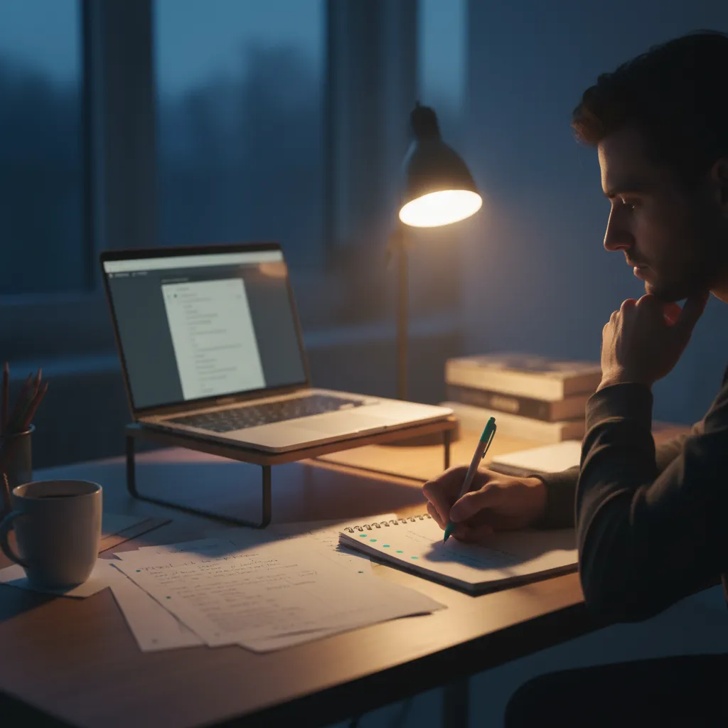 Freelancer working at evening, planning on paper with laptop