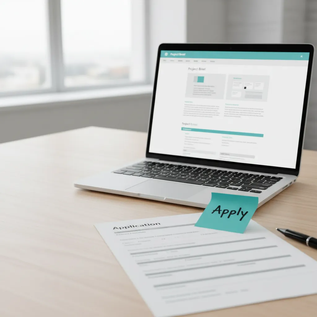 Laptop on desk showing a project brief mockup with notes and a “Apply” sticky note