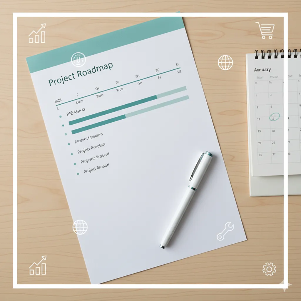 Simple roadmap illustration on a desk with calendar and a pen