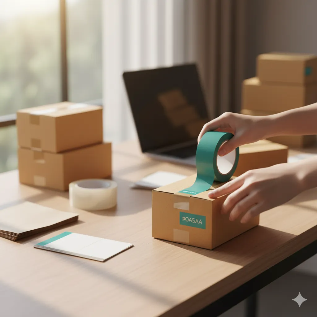 Hands packing small ecommerce boxes with kraft paper and teal tape, representing fulfillment process.