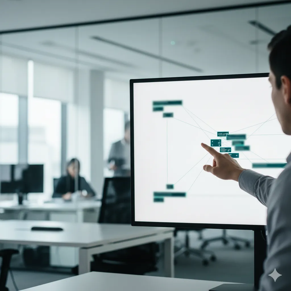 Developer working on a screen with automation workflow diagram, showing low-code process automation.