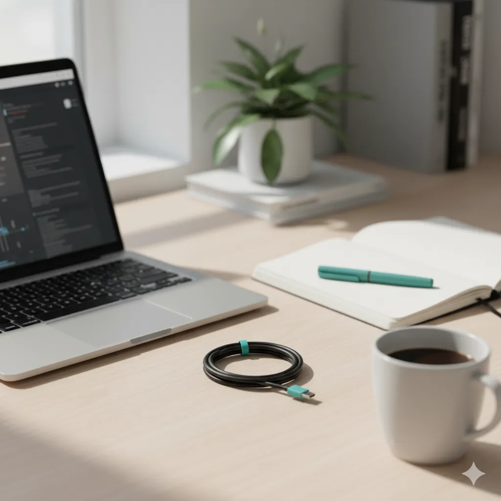 Minimal developer workspace with laptop, notebook, and coffee mug on a clean desk under natural light.