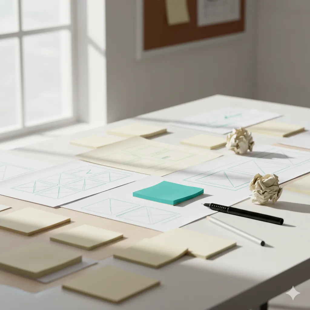 Desk with sticky notes, wireframes, and sketches representing ecommerce project planning.