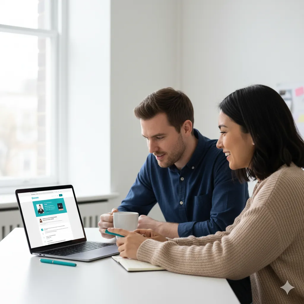 Founder and developer discussing a website project together in a bright, modern workspace.