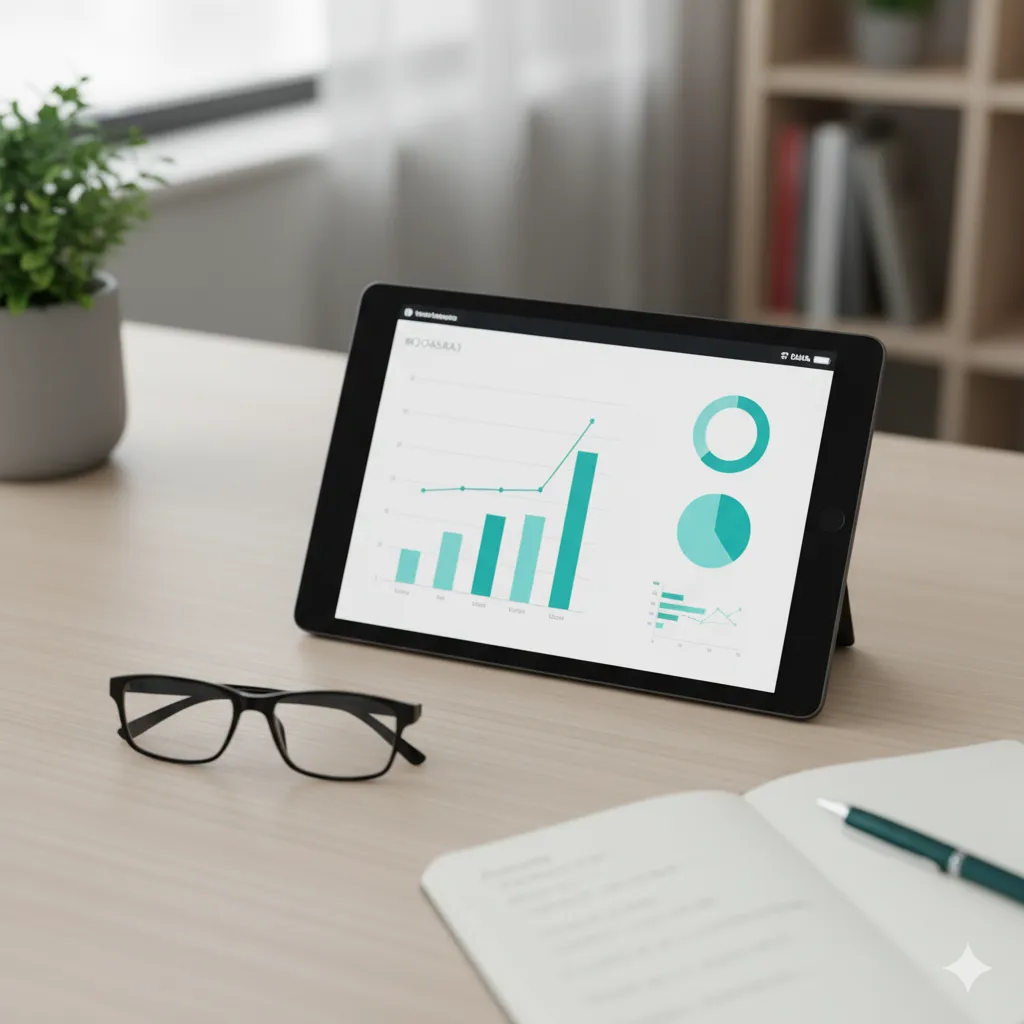 Tablet with ecommerce analytics dashboard and charts, used for performance tracking and insights.