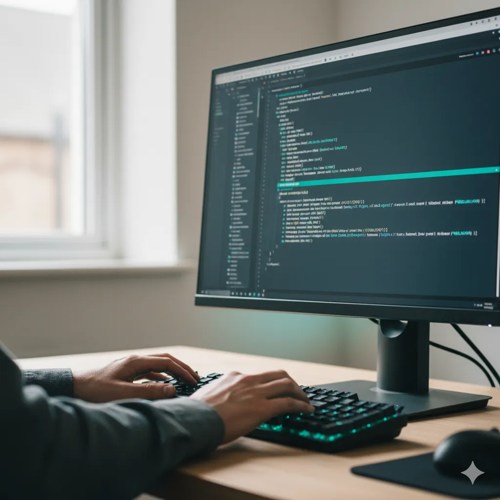 Developer editing Shopify theme code on screen, showing customization and technical setup.