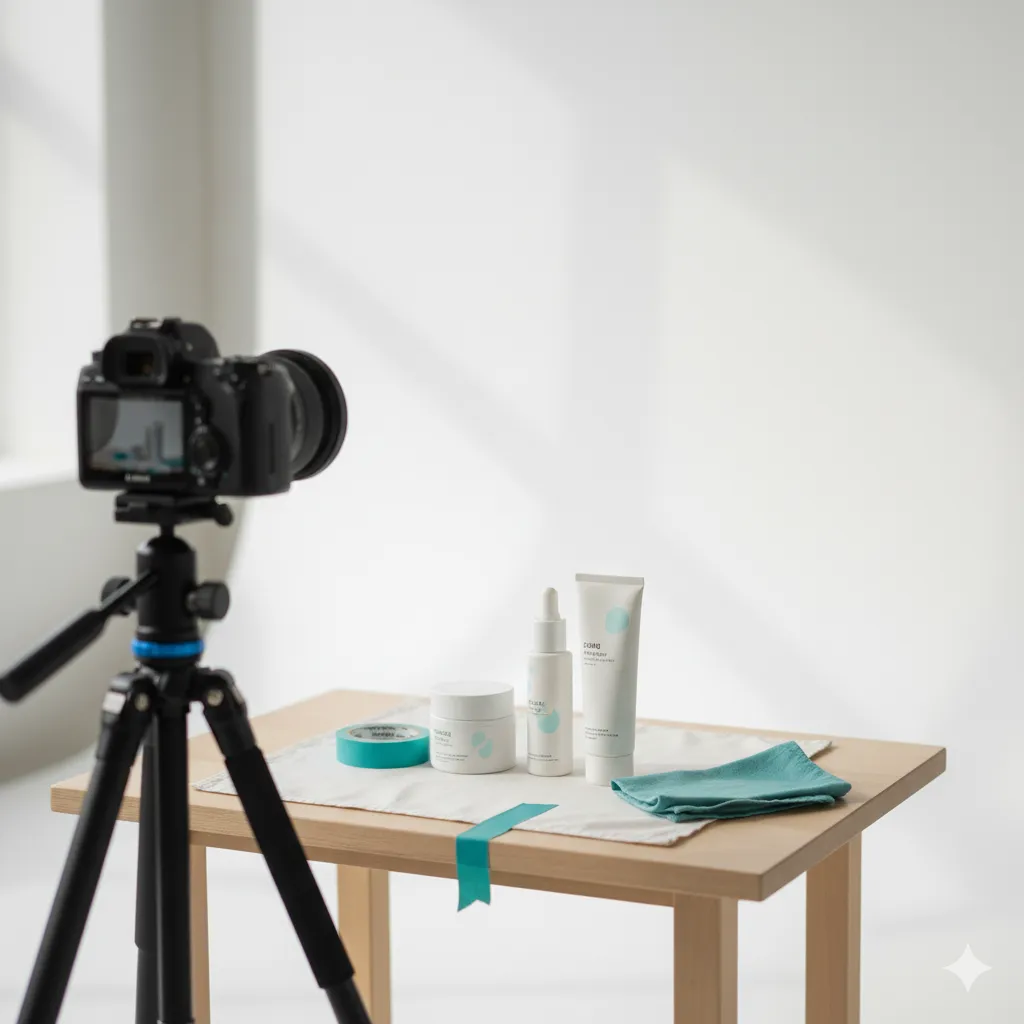 Professional setup for ecommerce product photography with tripod and daylight background.
