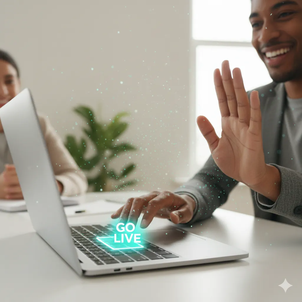 Freelancer celebrating a successful Shopify store launch in bright workspace with teal accents.