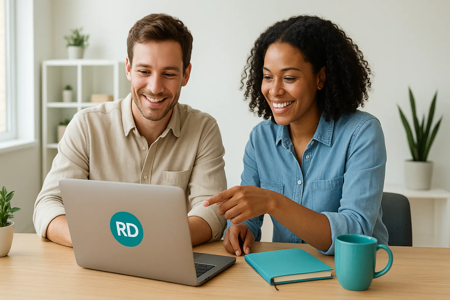 Freelance developer collaborating with a small business owner in a bright modern workspace, symbolizing trust and partnership.