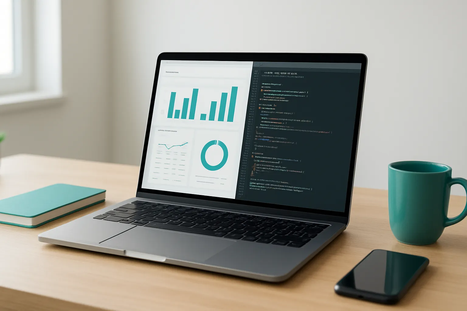 Modern developer workspace with laptop showing dashboard and code, minimal setup and teal accents.