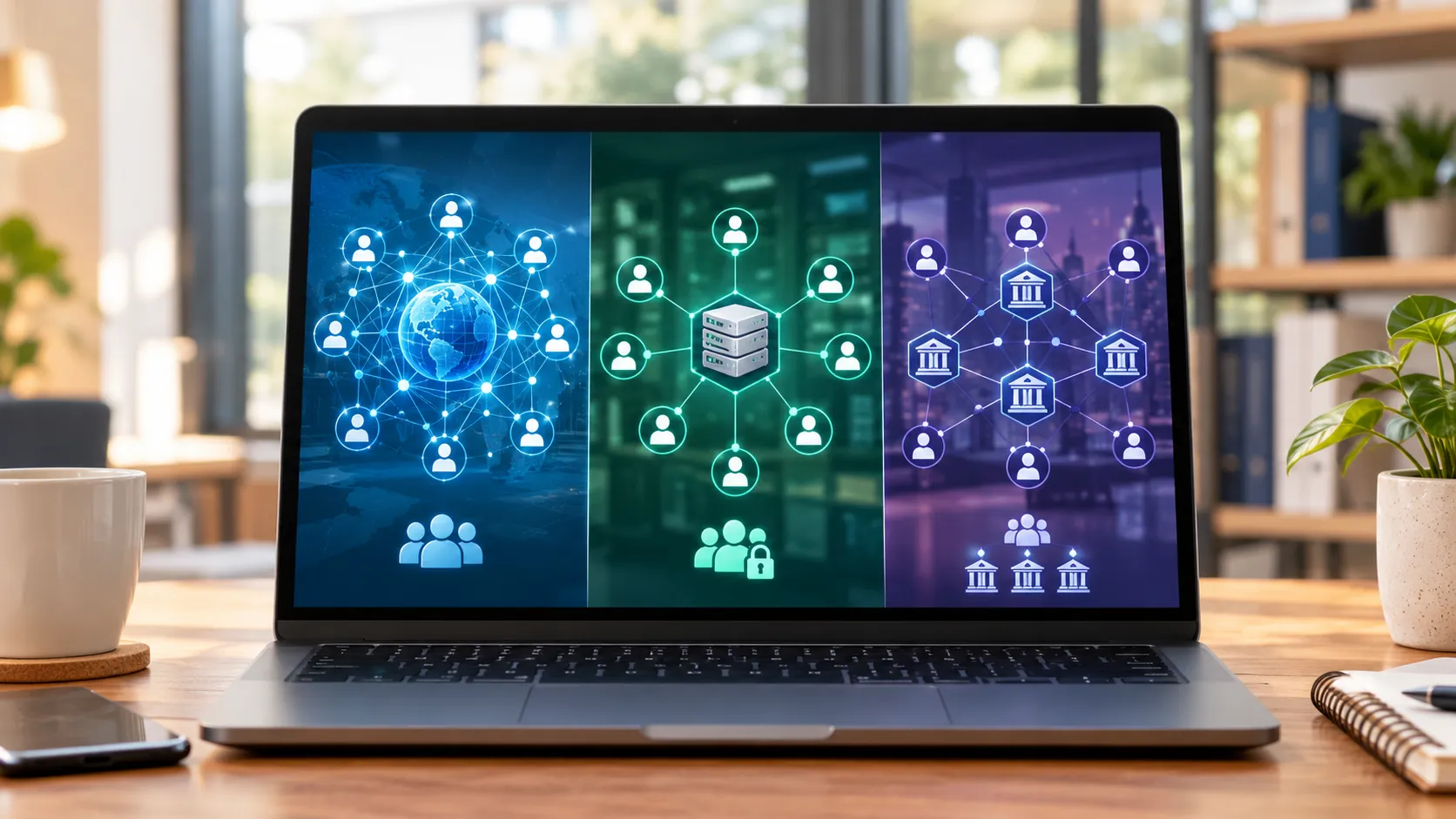 แผนภาพเปรียบเทียบเครือข่าย blockchain สามประเภท