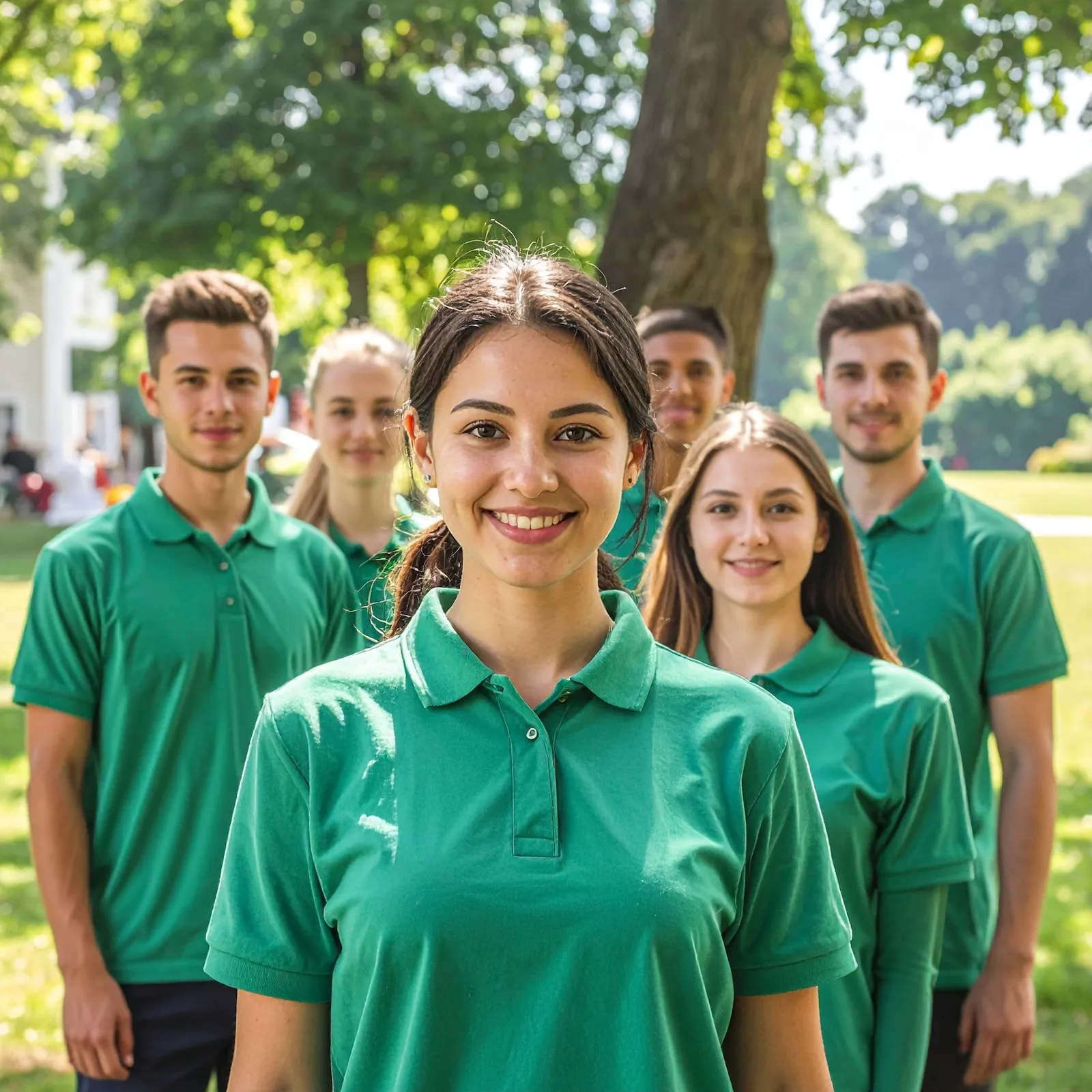 Group of six young adults smiling and standing outdoors wearing matching green polo shirts.
