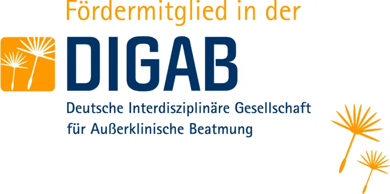 Logo of DIGAB with text Fördermitglied in der above and Deutsche Interdisziplinäre Gesellschaft für Außerklinische Beatmung below, featuring stylized orange dandelion icons.