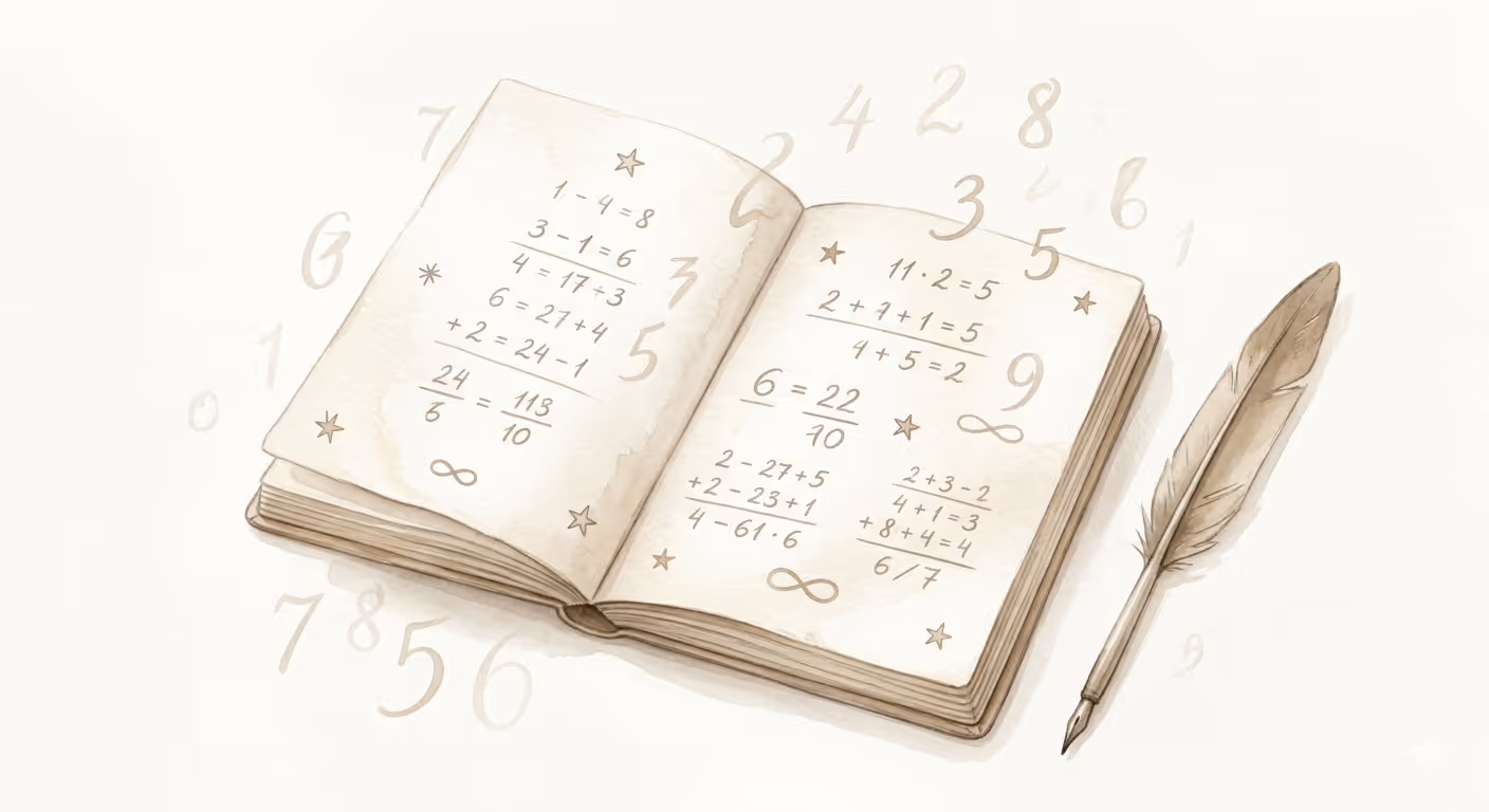 Livre ouvert avec des calculs mathématiques écrits à la main et une plume posée à côté, entouré de chiffres flottants.