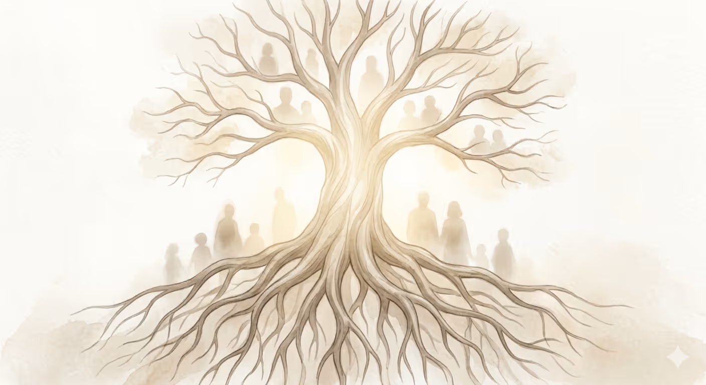 Illustration d'un arbre généalogique avec des silhouettes humaines floues dans les branches et autour des racines.
