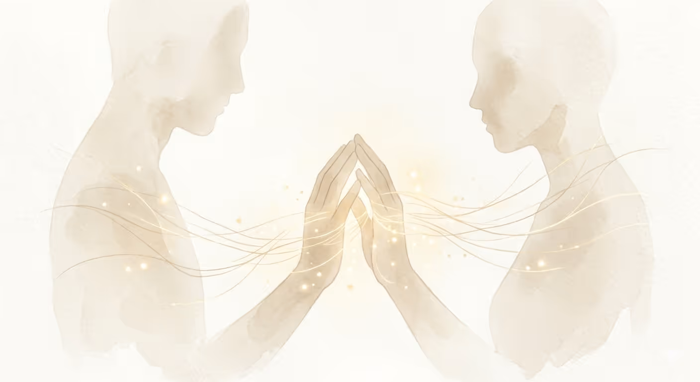 Deux silhouettes translucides face à face avec les mains jointes, reliées par des lignes lumineuses flottantes.