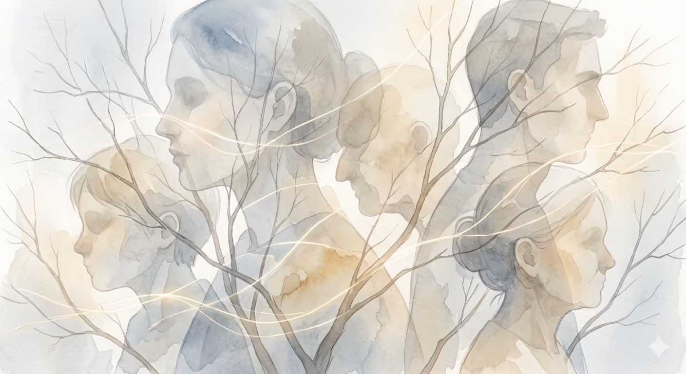 Illustration aquarelle douce représentant cinq profils humains de différents âges, mêlés à des branches d'arbre nues symbolisant le cycle de la vie et le temps qui passe.