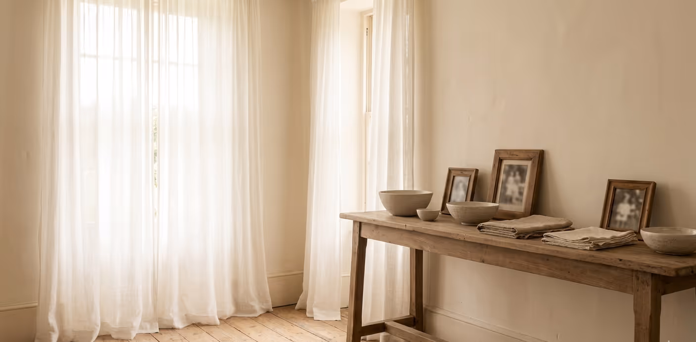Intérieur minimaliste avec rideaux blancs translucides et une table en bois rustique décorée de bols en céramique, cadres photo anciens et linge plié.