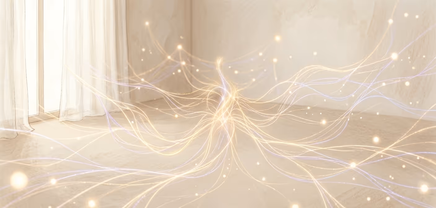 Lumières abstraites dorées et violettes s'étendant dans une pièce lumineuse avec un mur texturé et des rideaux translucides.