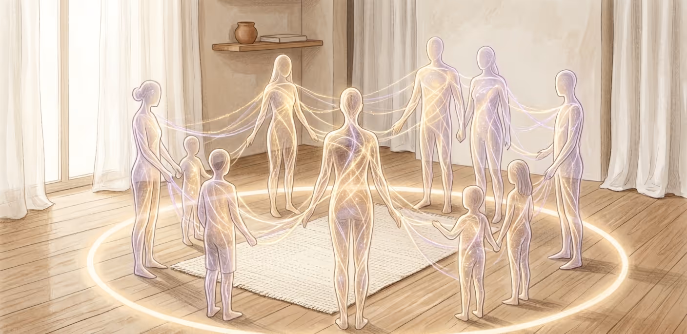 Dix silhouettes translucides reliées par des fils de lumière, formant un cercle lumineux dans une pièce aux murs clairs.