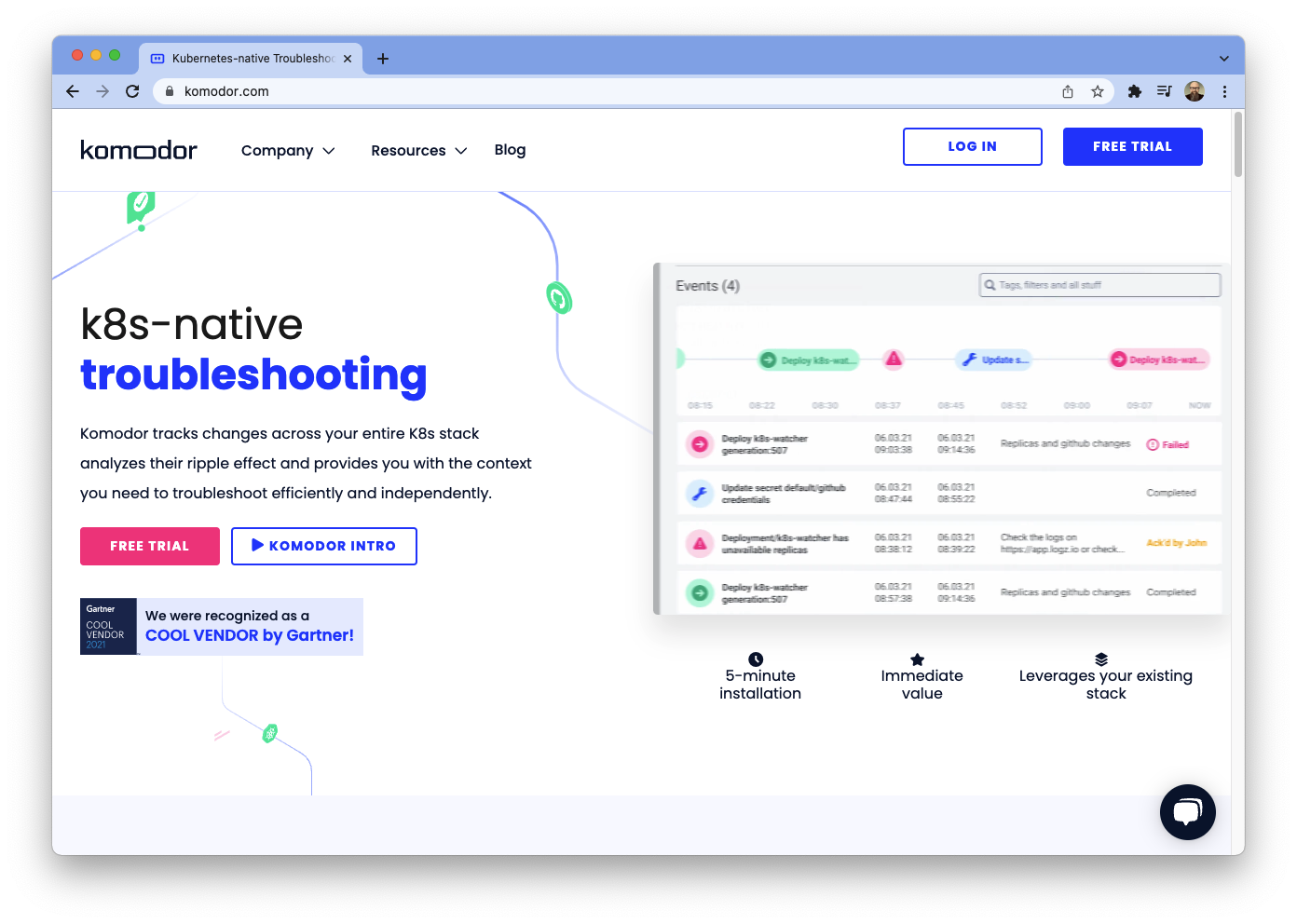 Screenshot of the Komodor website