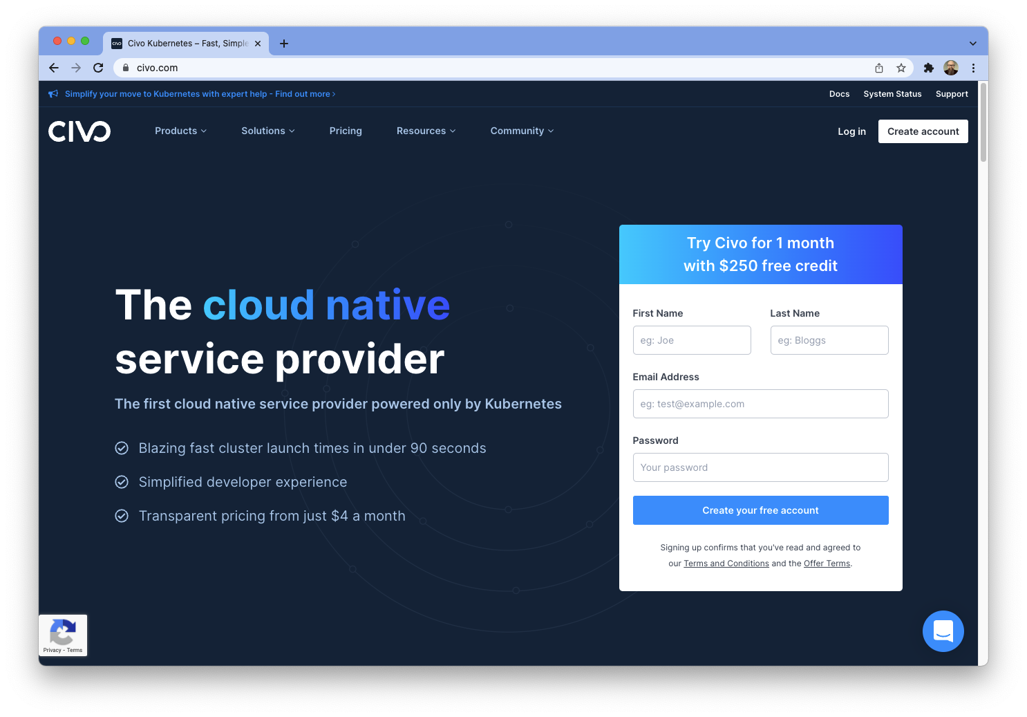 Screenshot of the Civo website