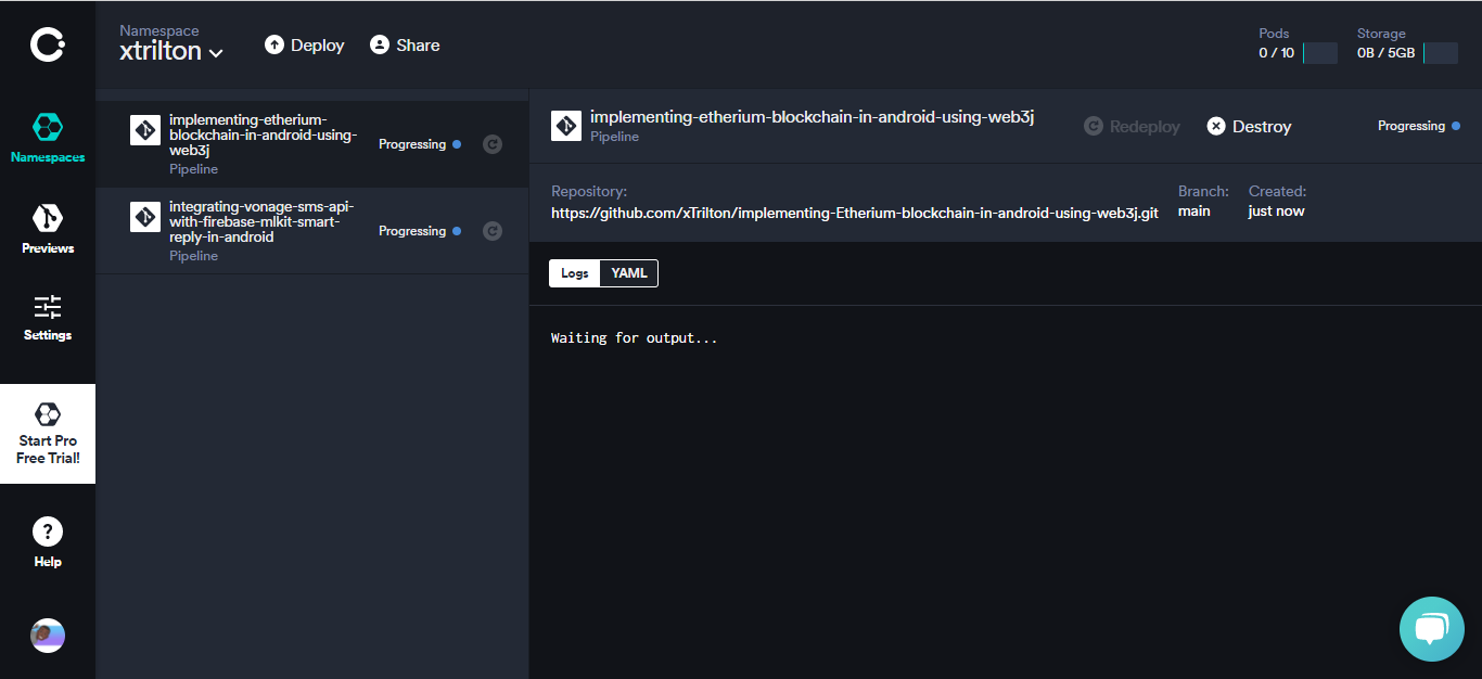 Deploy and connect your project from the GitHub repository to Okteto