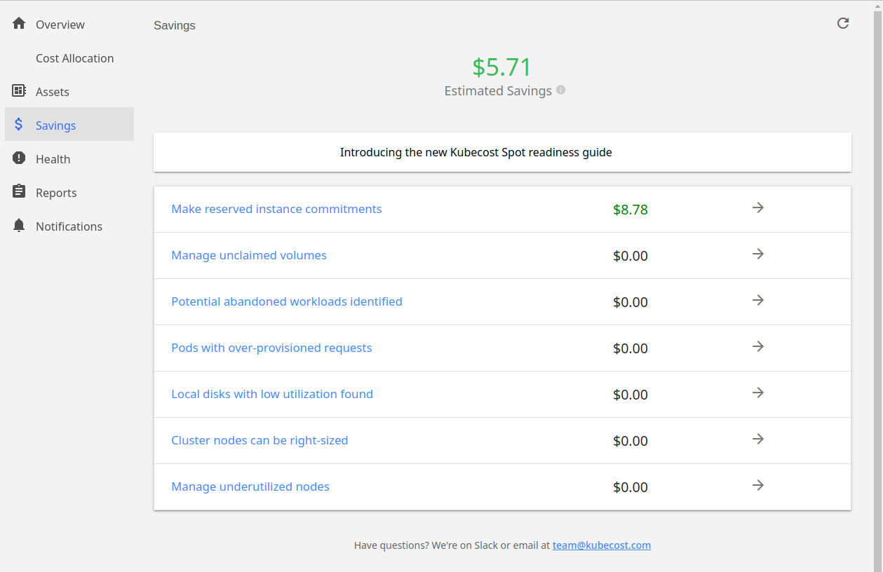 Screenshot of the Savings page