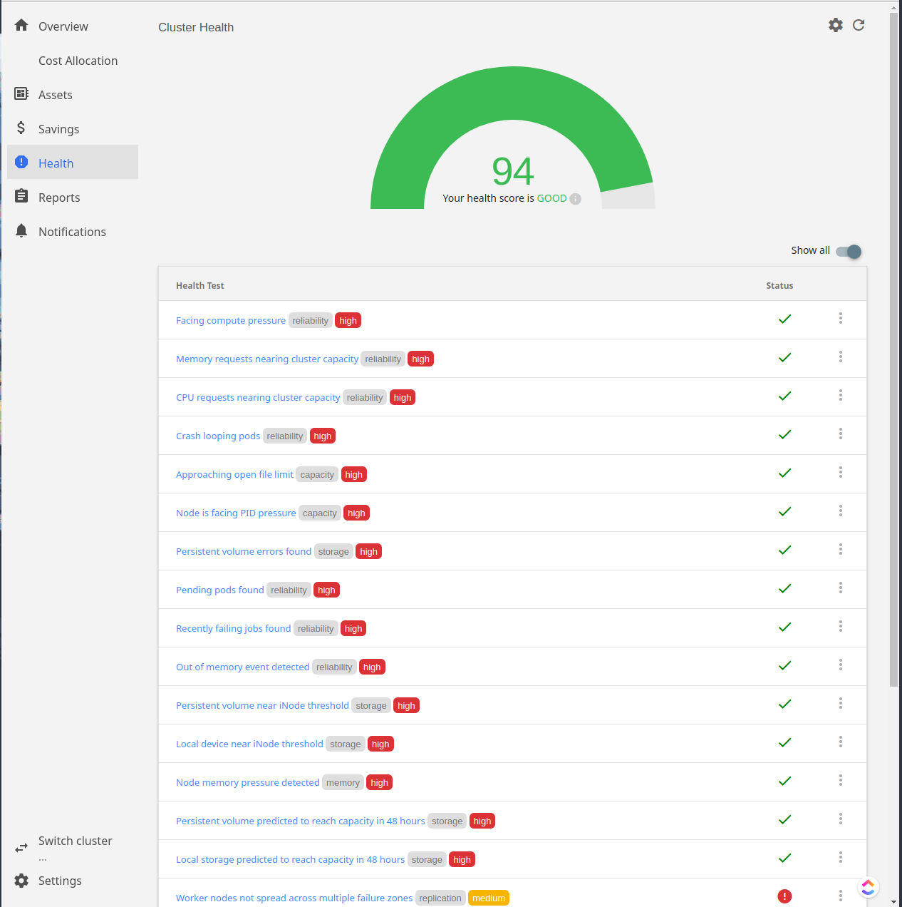 Screenshot of the health page