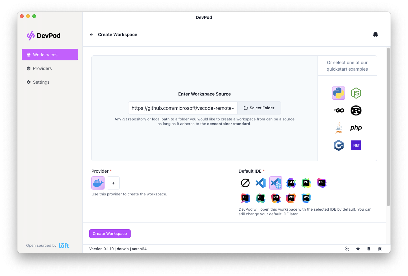 DevPod's Add Provider window