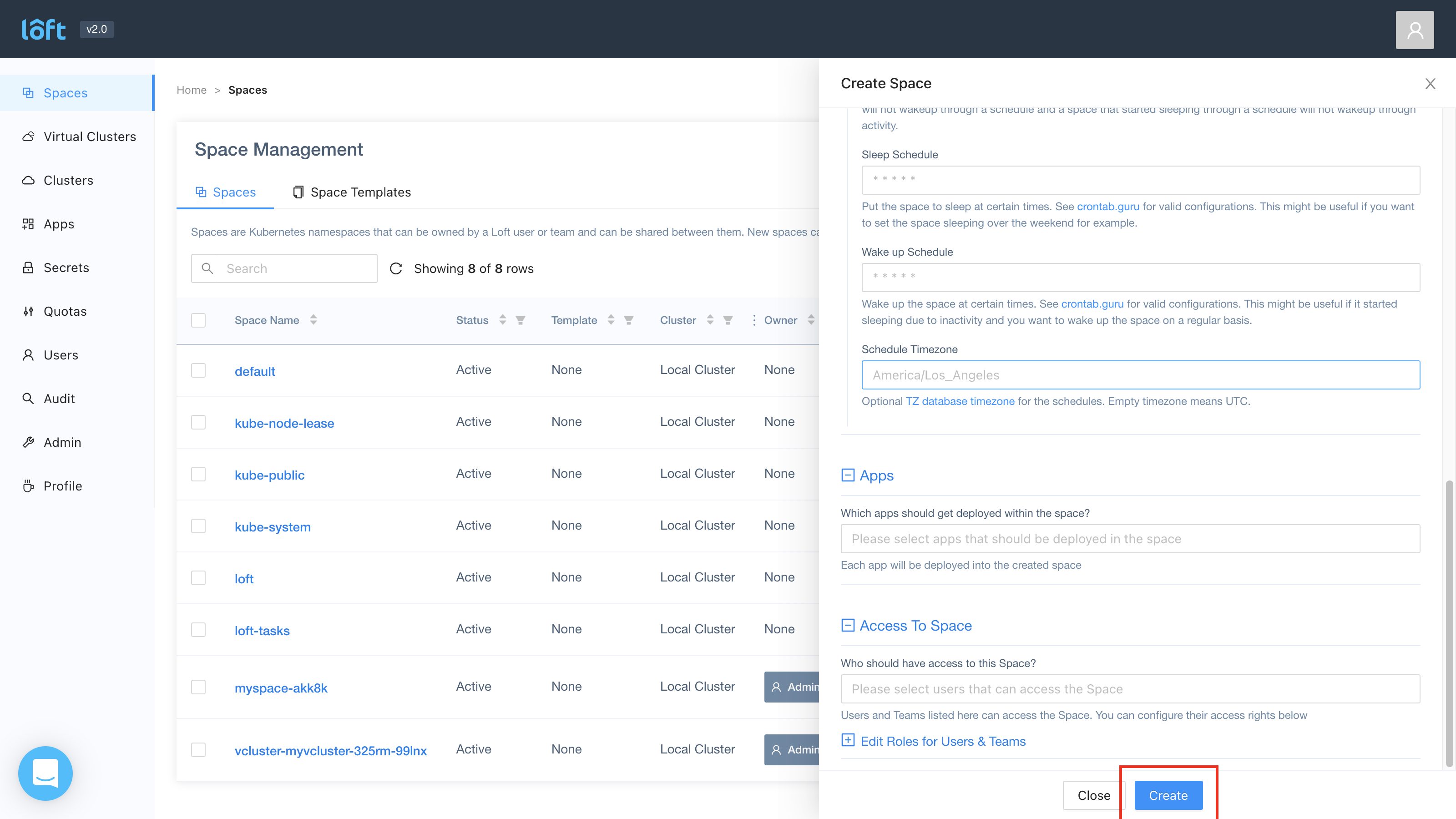 Creating spaces via Loft's GUI