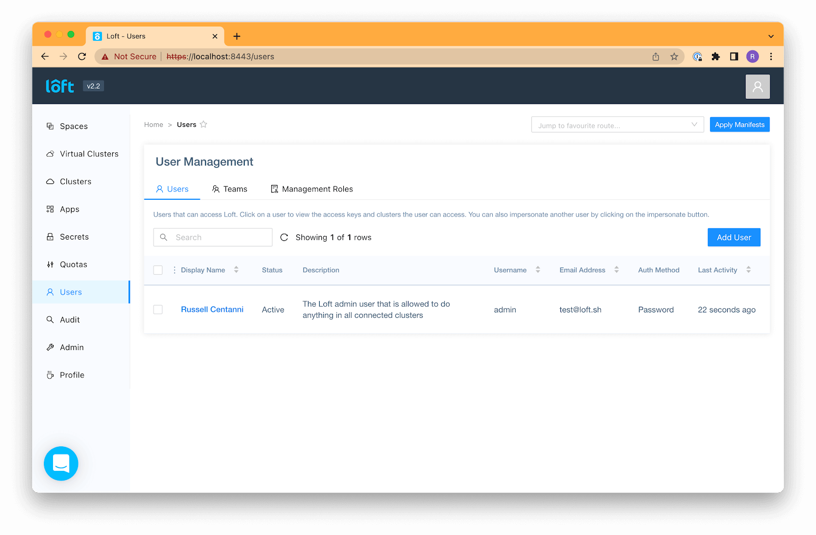 Loft User Management screen