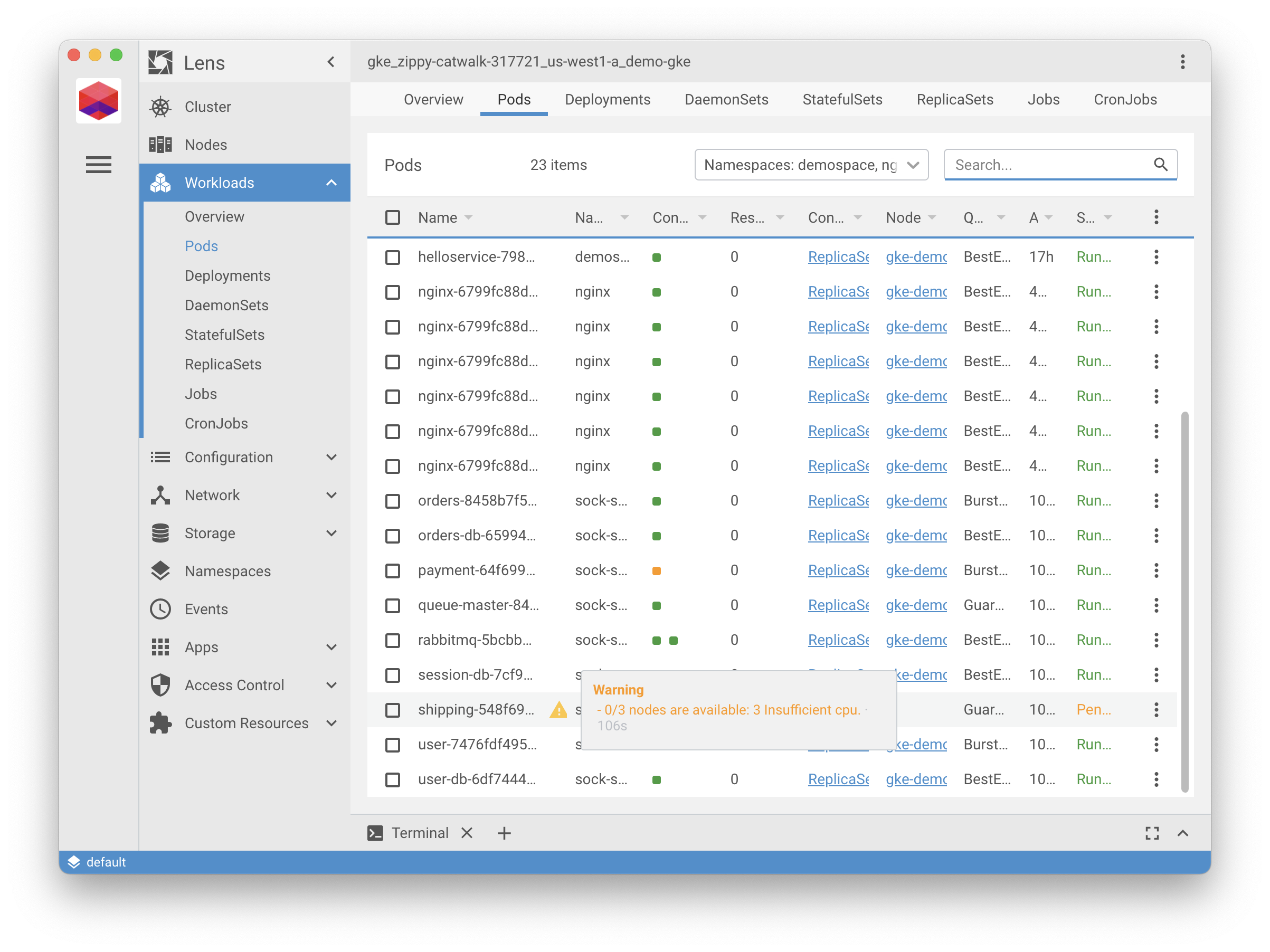 Screenshot showing the pod listing in lens. One pod has a yellow yield sign icon indicating an error. Mousing over it shows that the problem is insufficient CPU.