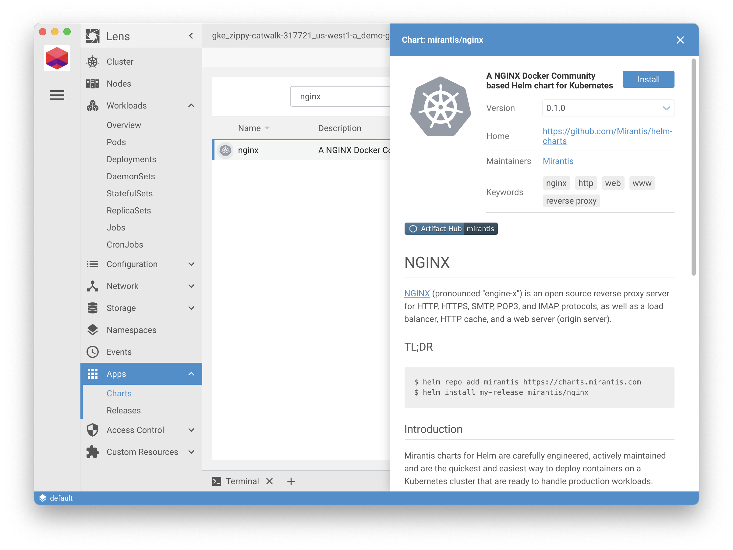 Screenshot showing how to deploy NGINX from a Helm chart in Lens