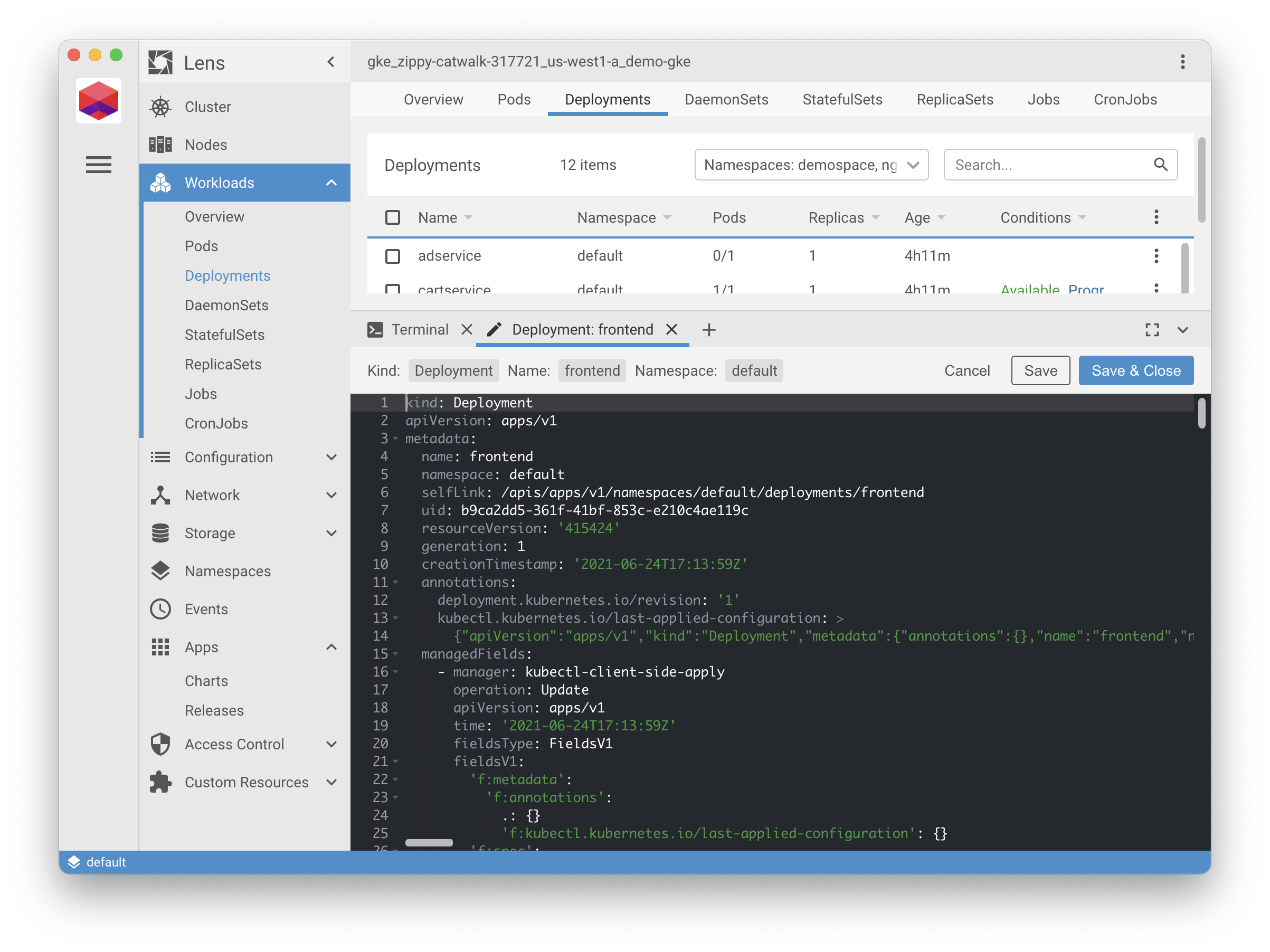 Screenshot showing how to edit a running deployment in Lens